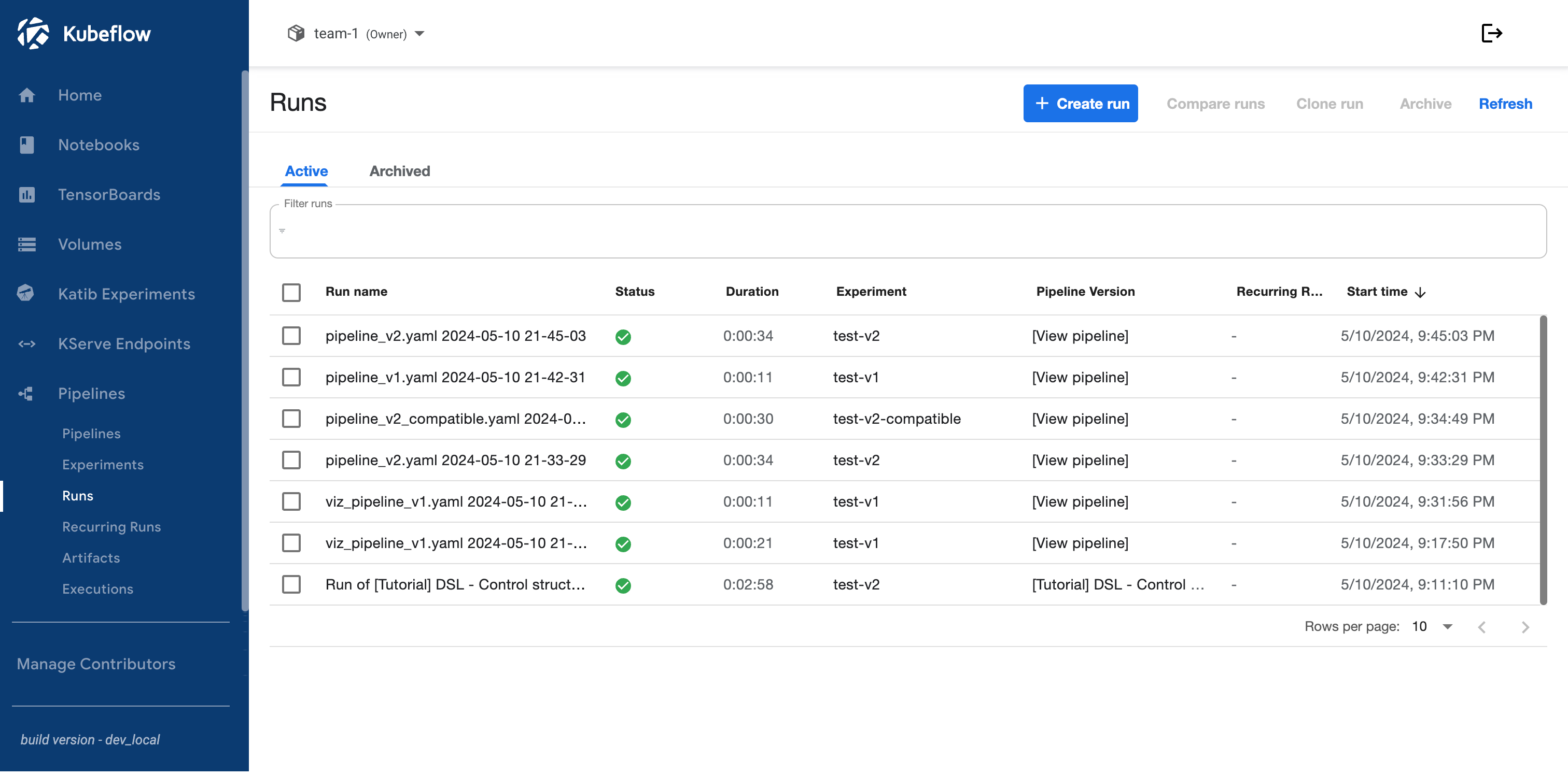 Kubeflow Central Dashboard - Pipelines - Runs